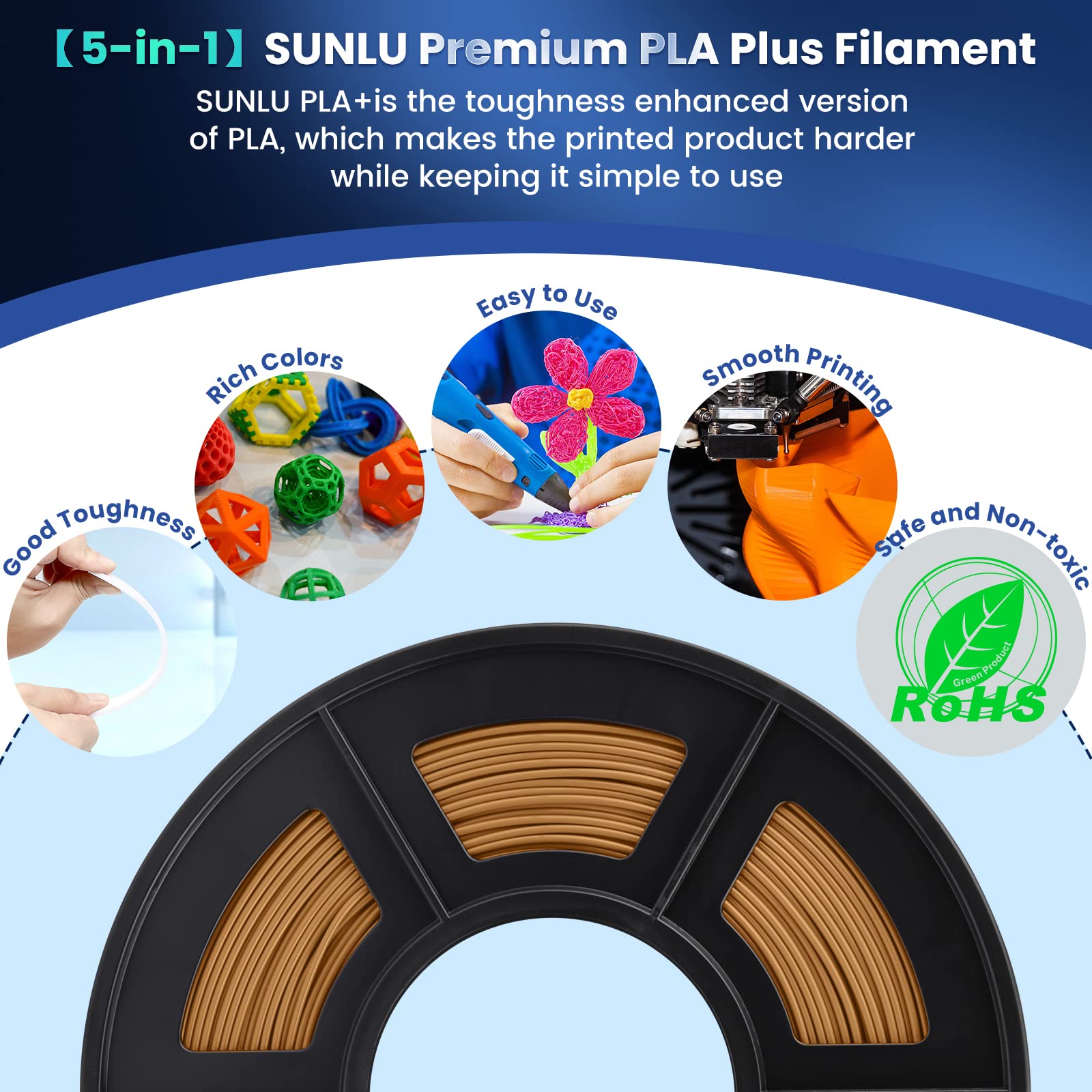 SUNLU Filamento PLA+ 1.75 mm per Stampante 3D e Penne 3D, Filamento PLA Plus 1KG,Neatly Wound, Precisione di Tolleranza del Filamento +/- 0.02 mm (Marrone)