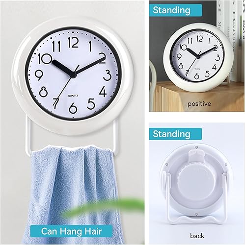 Miniatura 2 de Reloj de pared impermeable para baño con toallero, movimiento de cuarzo, marco de plástico, flexible para colgar o estar de pie, reloj pequeño