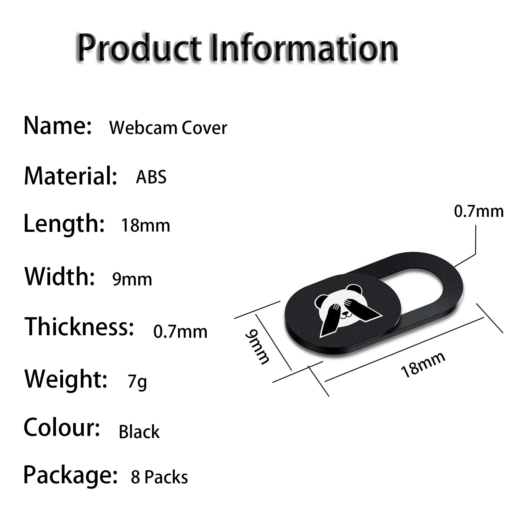 Caméra Webcam Couverture[8 Pièces], Webcam Cover, Cache Webcam, Motif Panda, Protection des données, pour Ordinateur Portable, Téléphone, Tablette, Protégez Votre Vie Privée(Noir)
