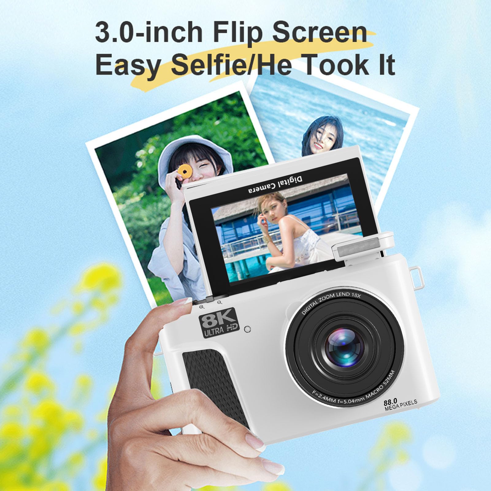 Fotocamera Digitale, Fotocamera da Viaggio WiFi 8K 88MP con Schermo Ribaltabile da 3 Pollici e Messa a Fuoco Automatica, per Streaming Live e Condivisione Sui Social Media, (WHITE)