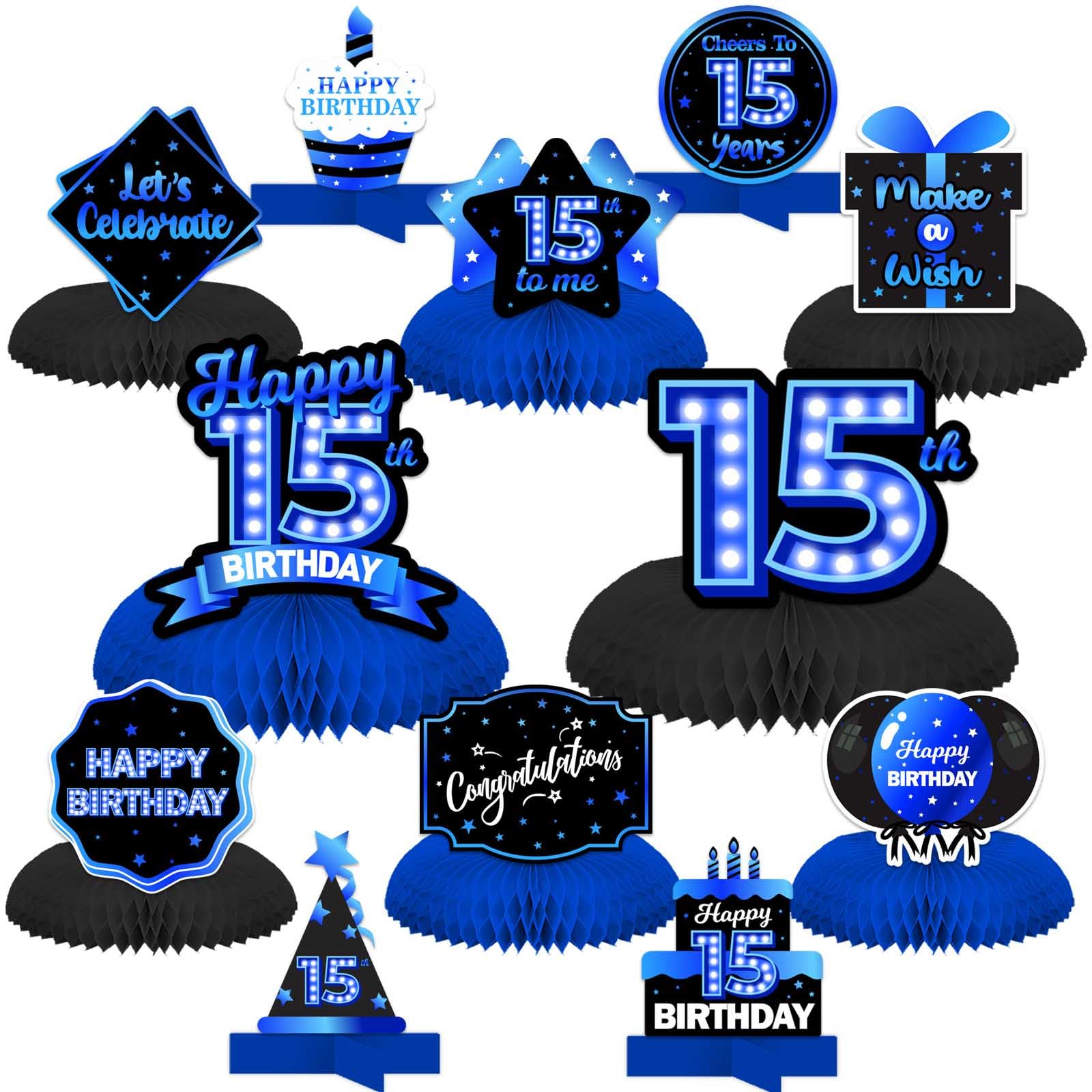 Happy 15th Birthday Blue and Black Table Honeycomb Centerpieces Balloons Theme Decor Table Decorations Table Toppers for Girls Women Princess 15 Years Old Birthday Party Bday Supplies Background