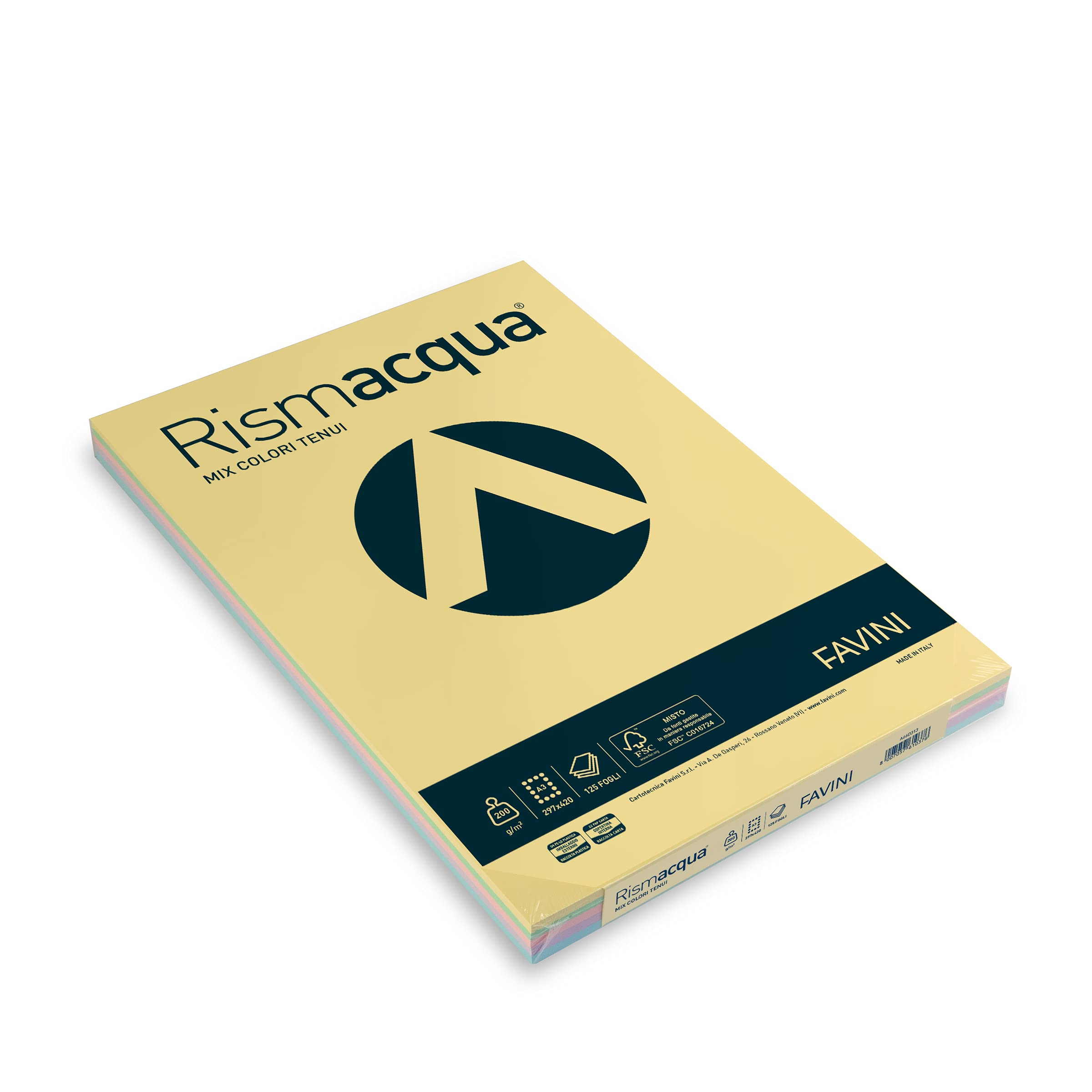 Favini rismacqua A3 (297 × 420 mm) wielokolorowa drukarka atramentowa – papier A3 (297 × 420 mm), uniwersalna, wielokolorowa, 200 g/m², 125 arkuszy)