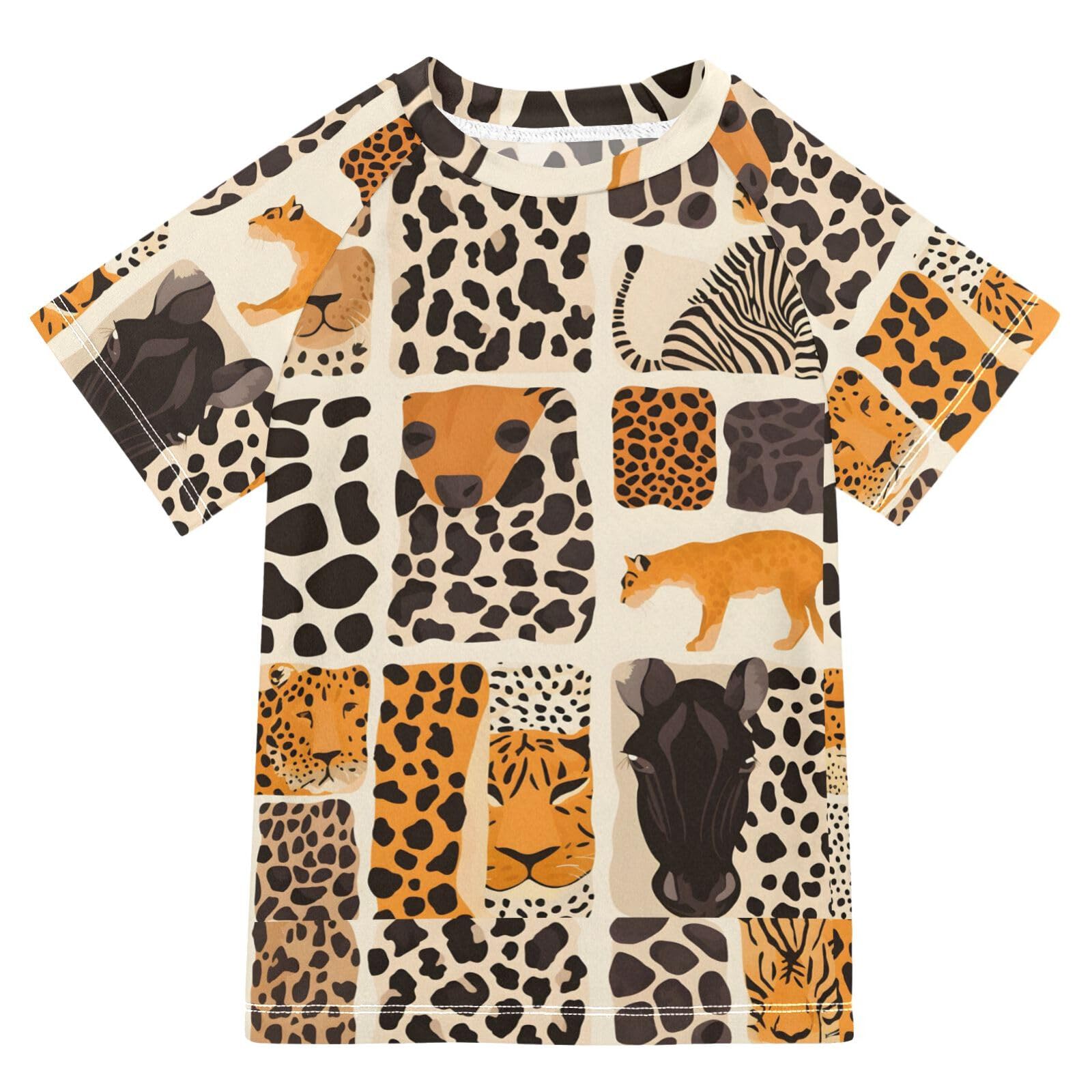 Kids Rash Guard Boys Toddler Swim Shirts Short Sleeve Leopard Zebra Tiger Animal Skins UPF 50+ 3T