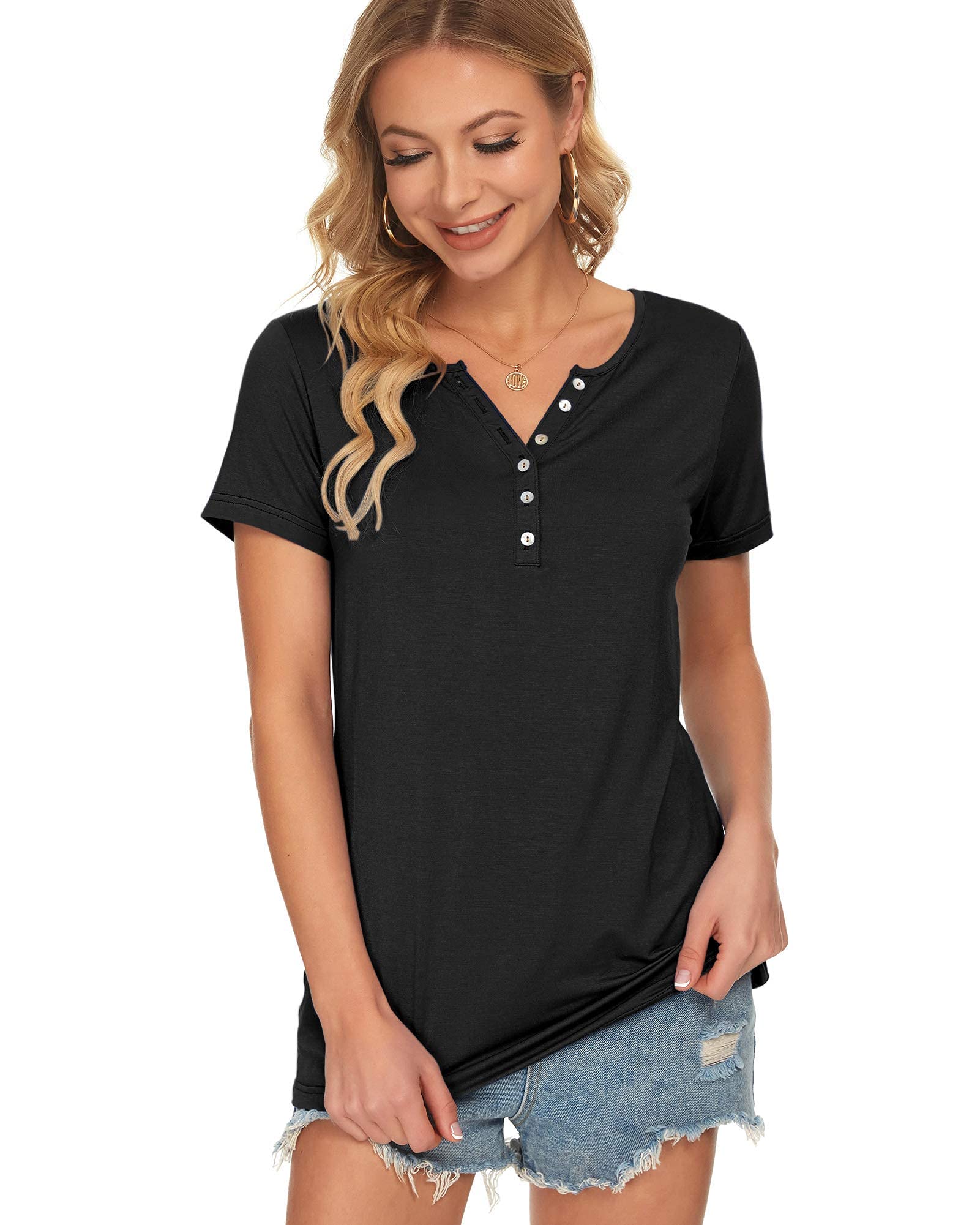Women's Henley Tops for Women Summer Short Sleeve Button Up V Neck Casual Blouse Tops