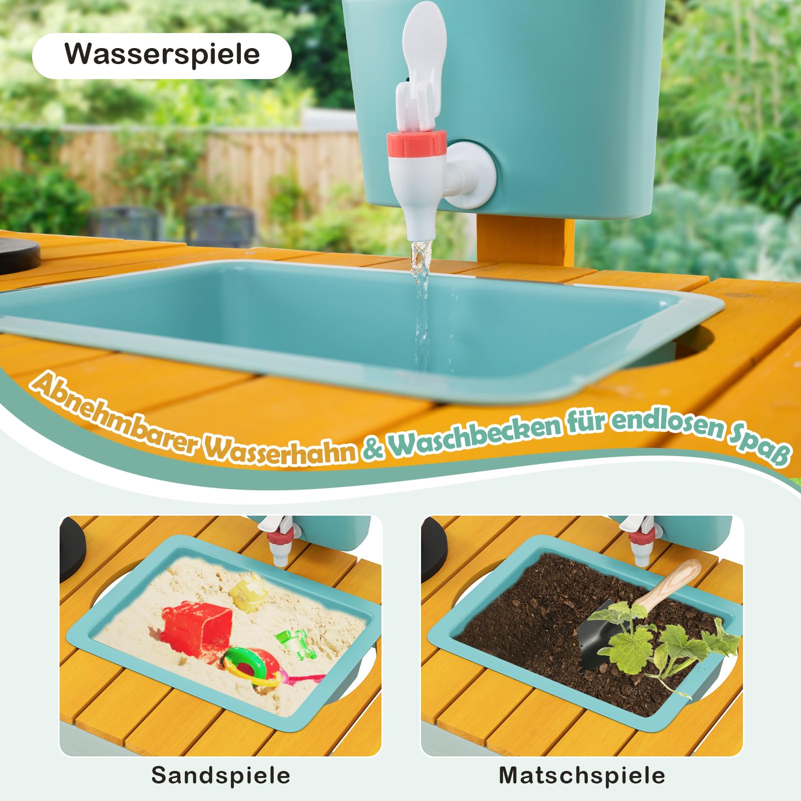 DREAMADE Matschküche Kinder Outdoor, Kinderküche Tannenholz mit Pflanzkasten & Rankgitter, Spielküche mit Wassertank, Herd, Spülbecken, Outdoor Küche mit Zubehör für Kinder ab 3 Jahren (Gelb)