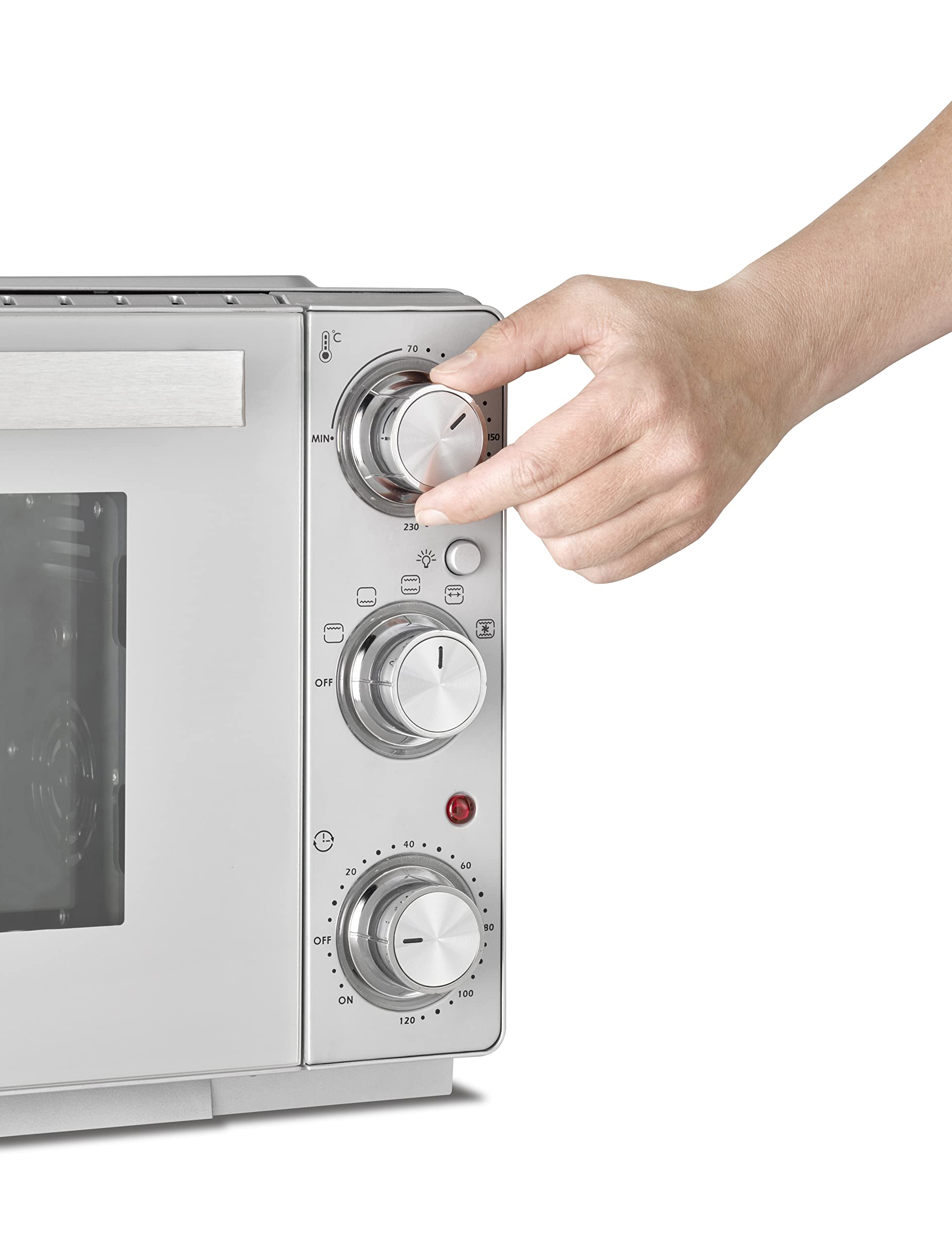 CASO TO 26 SilverStyle – designerski piekarnik, pojemność 26 l, 3 półki, 70-230 °C, w zestawie kamień do pizzy, 5-stopniowa funkcja: gorące powietrze, obrotowy rożen z silnikiem, zwycięzca testu w