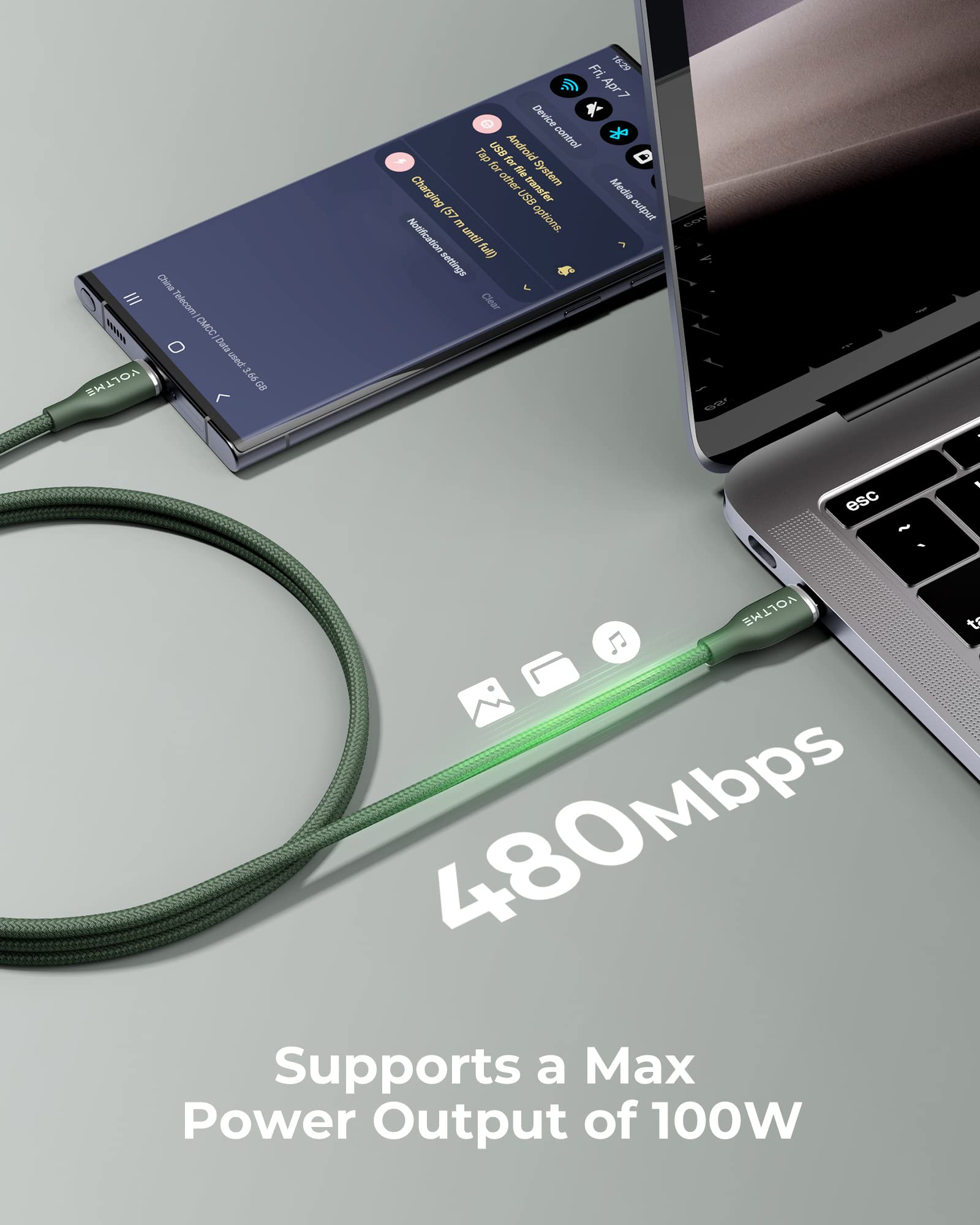 VOLTME Set di 2 Cavo USB C a USB C PD 5A 100W Nylon Intrecciato 1.80m, RUGG USB-C Tipo C Cavo di Rapida Compatibile con MacBook, MateBook pro, Pixel 7/6 Pro/5/4XL, iPad Pro, Galaxy, ecc. (verde)