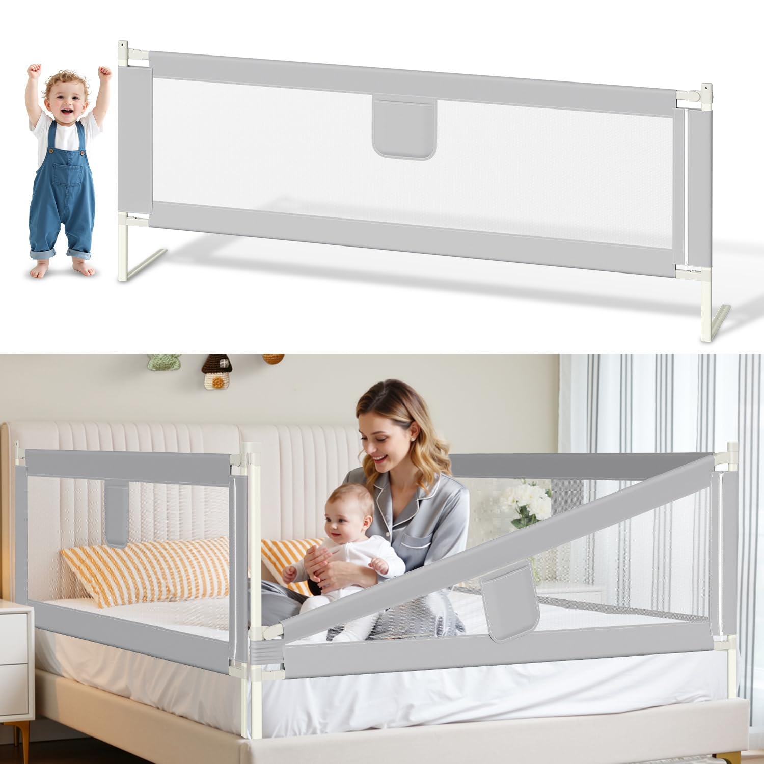 2X Barrera de Cama para Niños 200 cm, Barandilla de Seguridad Abatible con Altura Regulable 64-96 cm, Protección Anticaídas con Doble Botón y Malla Transpirable, fácil Montaje, Gris