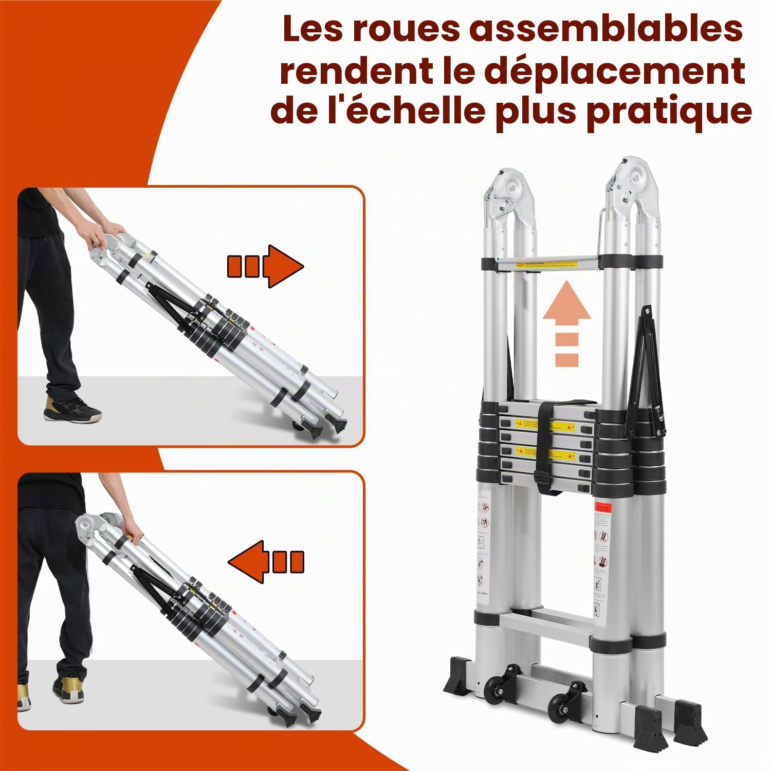 Échelle télescopique de 5 m (2,5 m + 2,5 m), en Aluminium, Extensible, avec roulettes Amovibles et stabilisateurs, Portable, Cadre en A, Multifonction, Charge maximale : 150 kg (argenté)