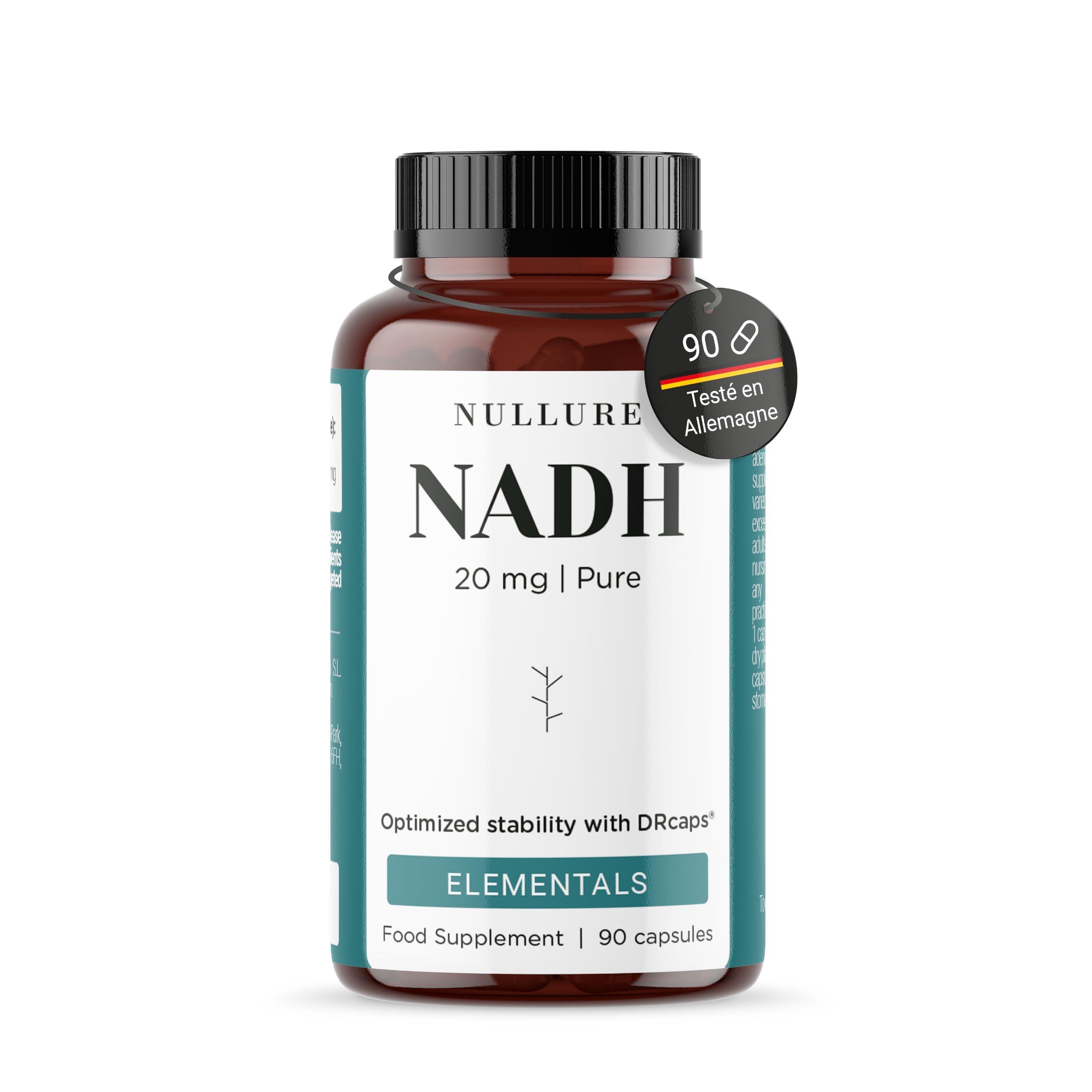 Nullure NADH 20 mg | Absorption optimisée avec DRcaps® | Énergie · Clarté Mentale · Santé Cellulaire | Testé par tiers | Sans Stéarate de Magnésium | Vegan | 90 gélules| Fabriqué à Barcelone