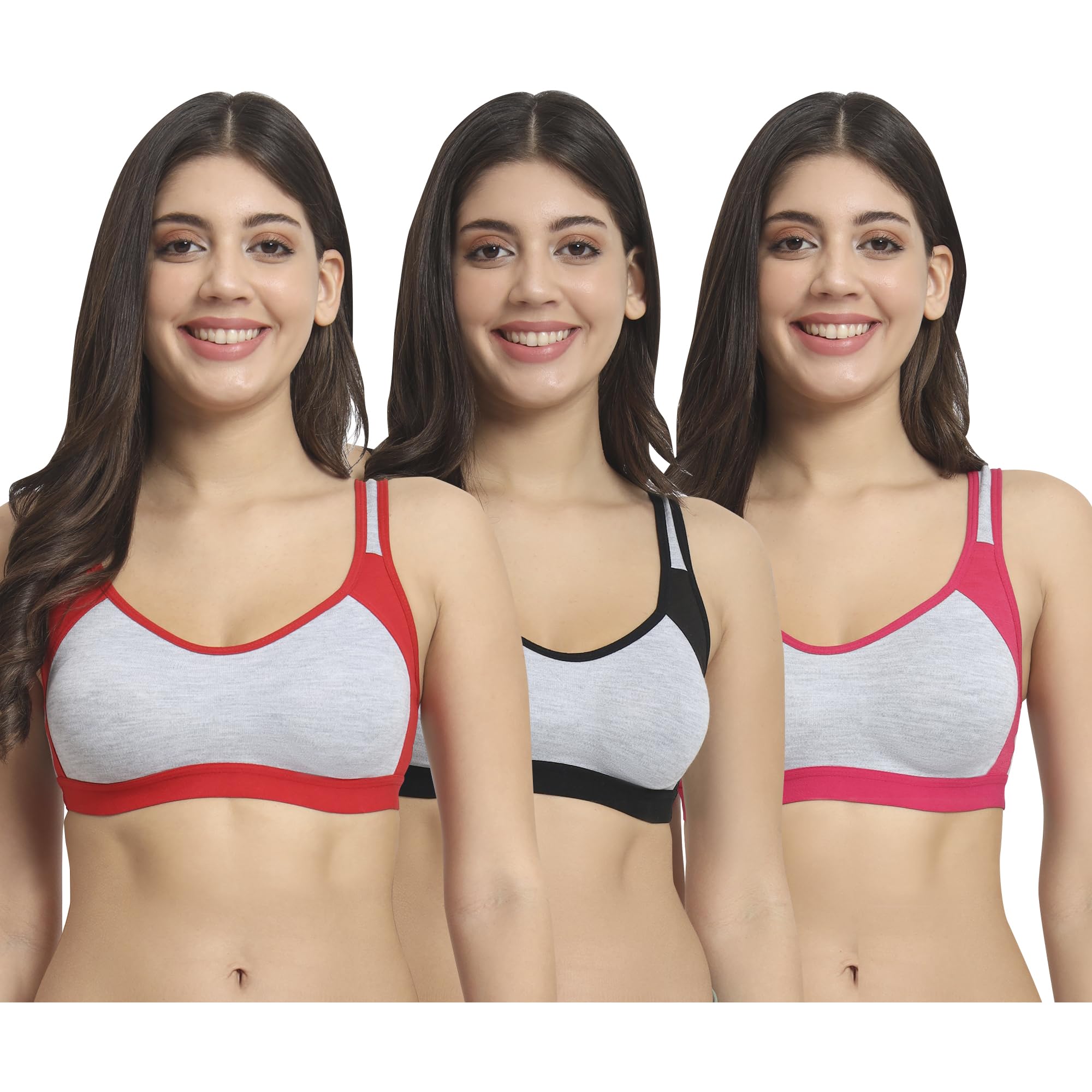 Women Sport Bra Full Coverage Everyday Bra Pack of 3 (Red, Black,Fushia)-image-44
