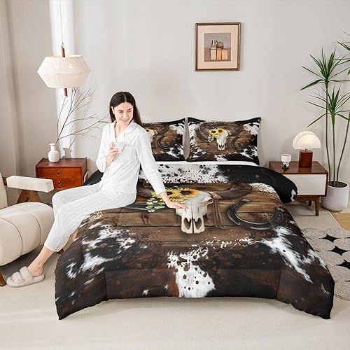 Juego de edredón para niños, diseño de calavera de vaca, tamaño King, ropa de cama de madera de vaca para niños, niñas y hombres, decoración de