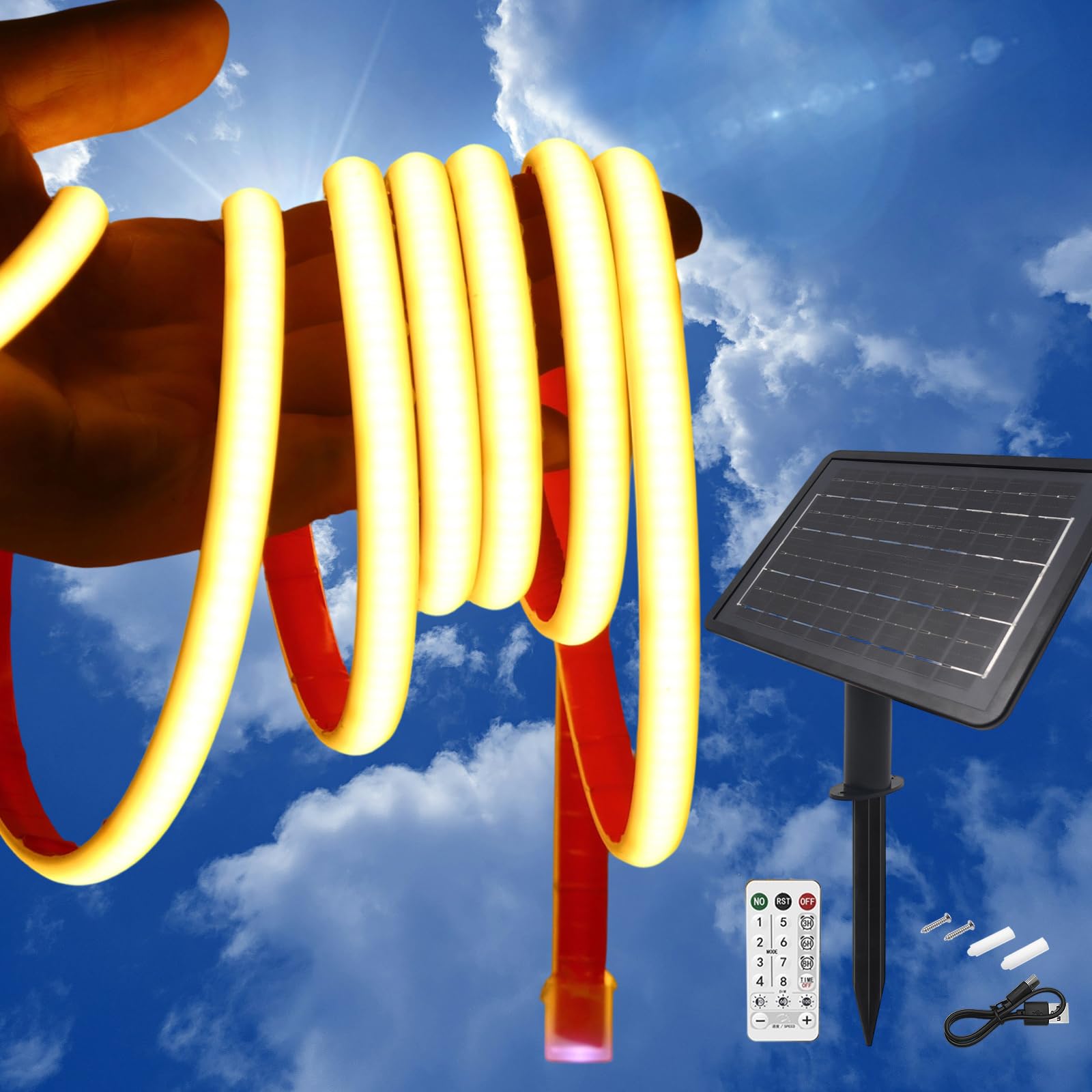 KISUFU 24V Solar LED Strip Lights Outdoor, 320 LEDs/M IP68 Waterproof Cuttable Self-Adhesive Rope Light with 7200mah 8 Modes Battery Box Remote Control for Porch Gazebo Yard Trees Garden Decor.
