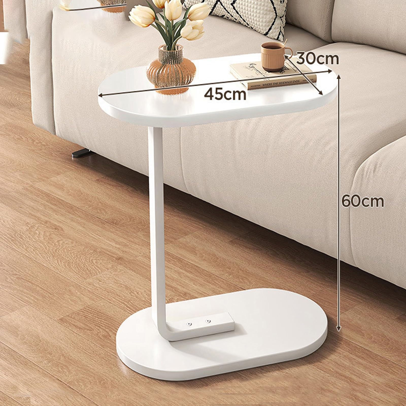 Mesa auxiliar alta en forma de C para espacios pequeños, mesa de centro minimalista moderna con estante de metal, parte superior curvada, fácil de instalar
