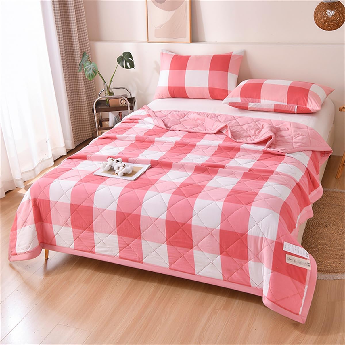 VUIKLCty Retro Checked Quilted, Reversible, Soft And Lightweight Bedspread (duvet Only)(Rose Color,180x200cm)