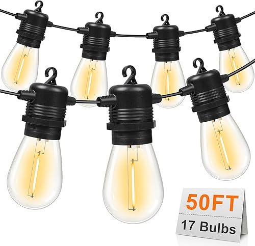 Cadena de luces LED para exteriores de 50 pies con 17 bombillas reemplazables S14 inastillables impermeables (2 de repuesto), 2700 K luces de patio