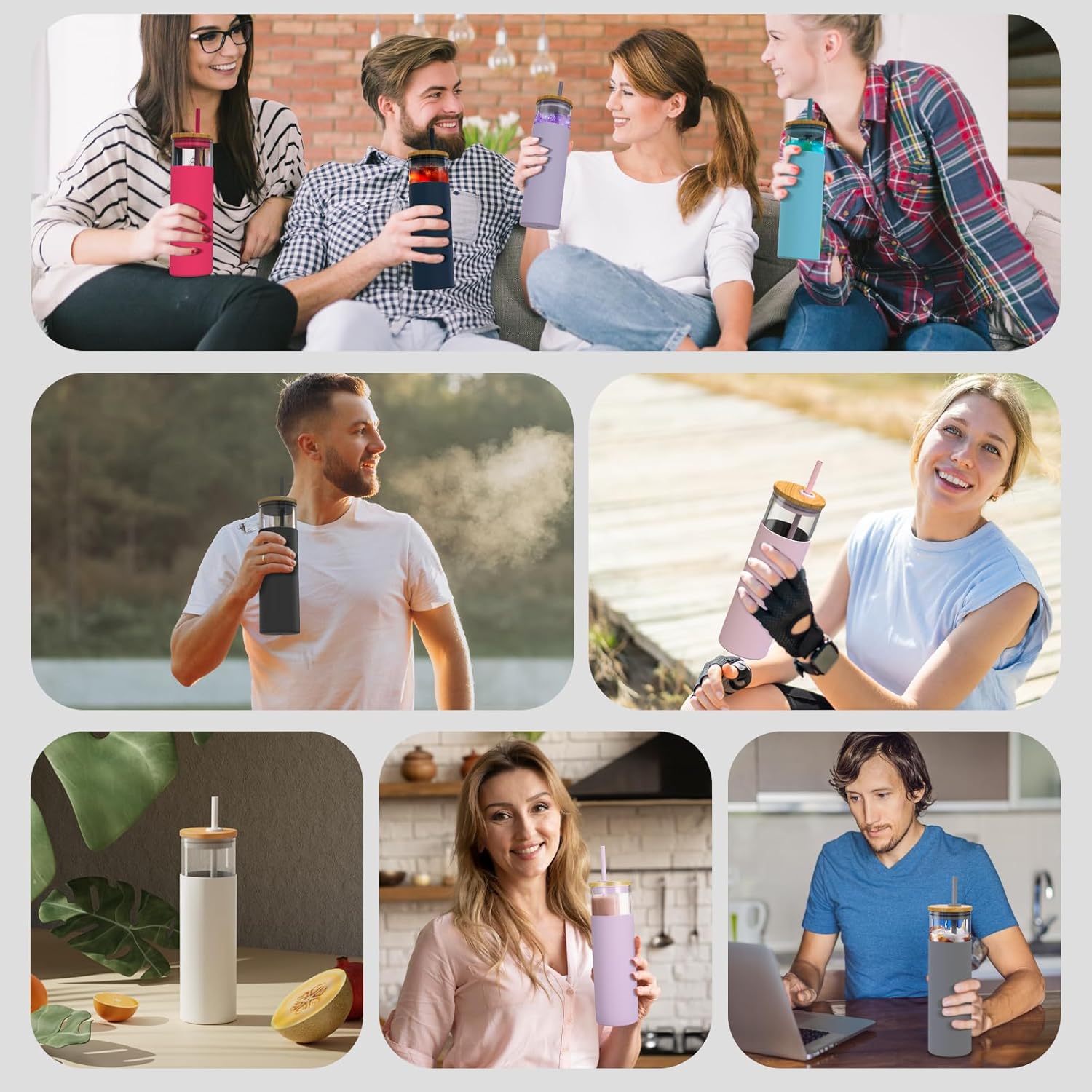 Tronco 28 oz Glass Tumbler with Lids and Straw, Reusable Iced Coffee Cup & Smoothie Cup with Bamboo Lid, Silicone Sleeve, Dishwasher Safe, BPA-Free Borosilicate Glass, 2 Pack