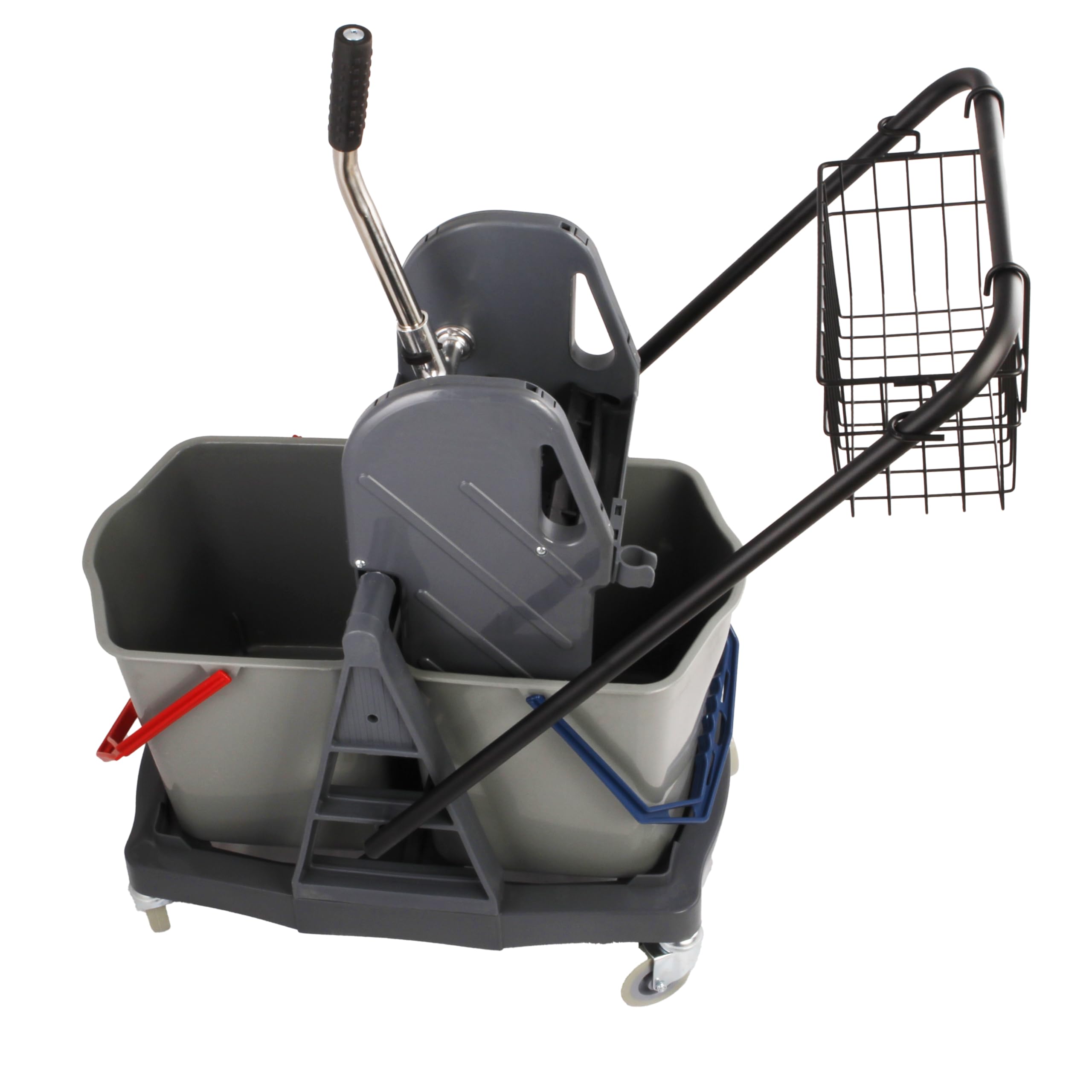 Carro de Limpieza Profesional 2X 25L, Prensa y Mopa Completa | Kit con cubos de segregación, soporte magnético, mango ergonómico y limpiadores de 1L para parqué, PVC y baldosas