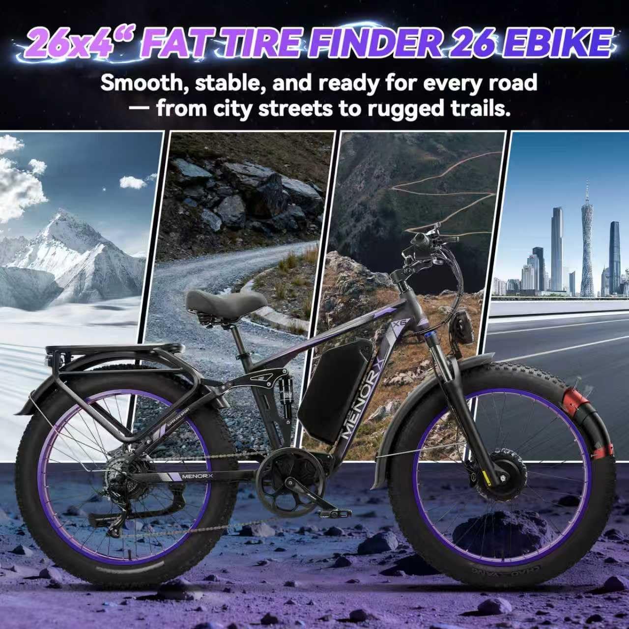 MENORX Dual Motor Electric Bike,26"x4"Fat Tire Electric Bike,Up to 5000W/7000W Peak, 60V/25Ah & 52V/23Ah Lithium Battery,Up to 45/50MPH &105 Miles Range E Bike