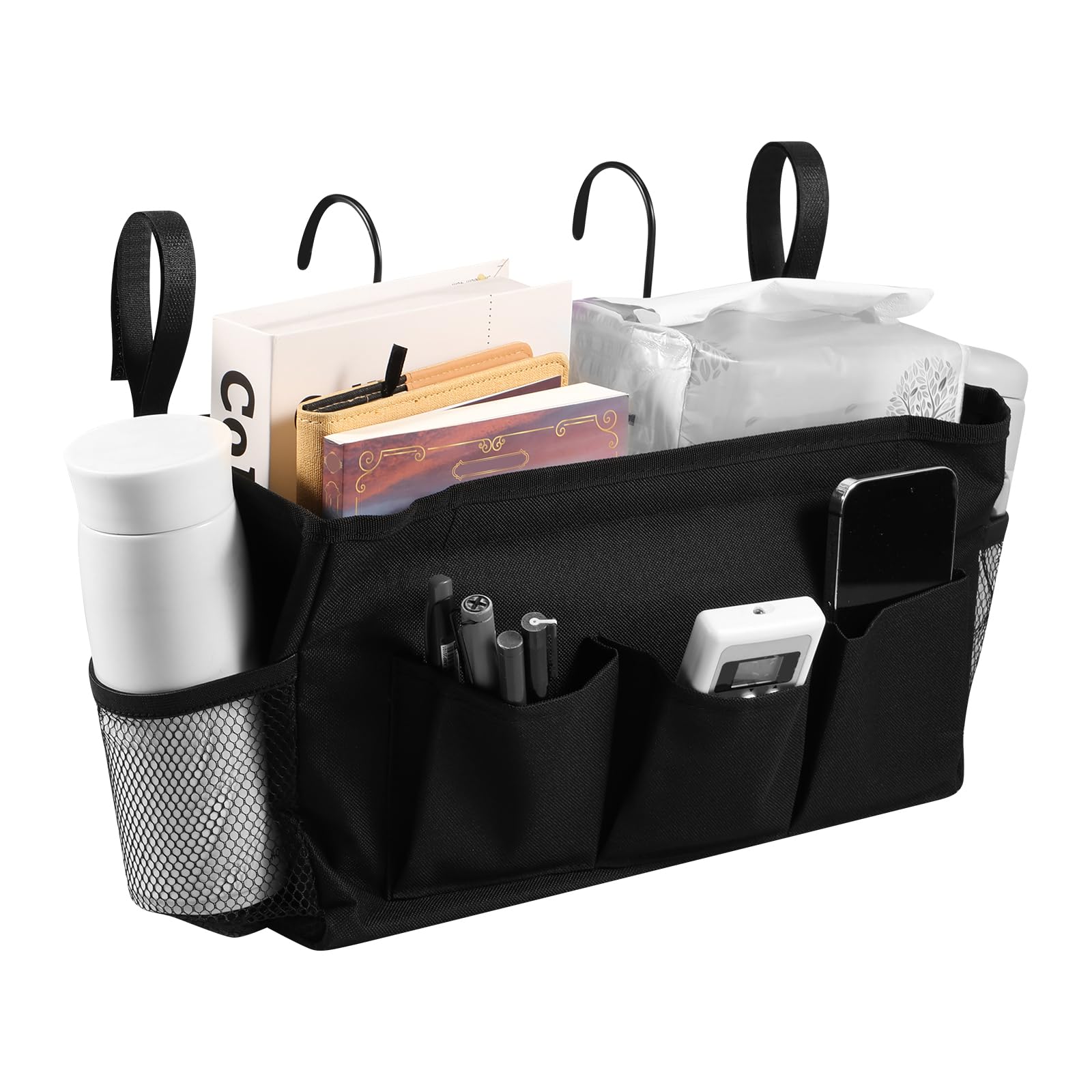 Qinglang Black Bunk Bed Shelf Bedside Hanging Storage Caddy Large Capacity Bedside Storage Pocket Organiser Multi-Functional Tidy Bed Clutter Sorting Hanging Basket Magazine Book Storage Bag For Dormitory (Black)