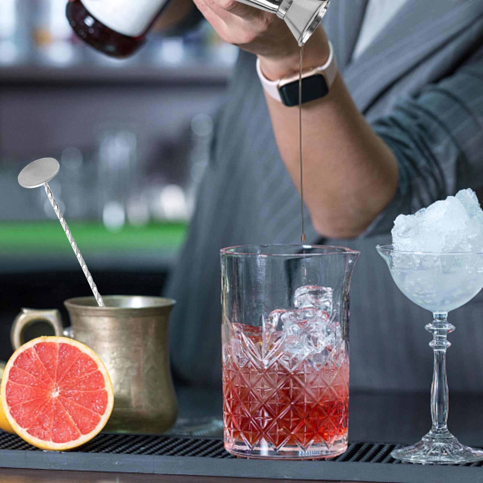 Kit da Barman 4 Pezzi, Misurino Doppio per Cocktail in Acciaio Inox con Tappo Versatore, Manico a Spirale Ergonomico Cucchiaio da Bar e Pestello, Set di strumenti per miscelare bevande
