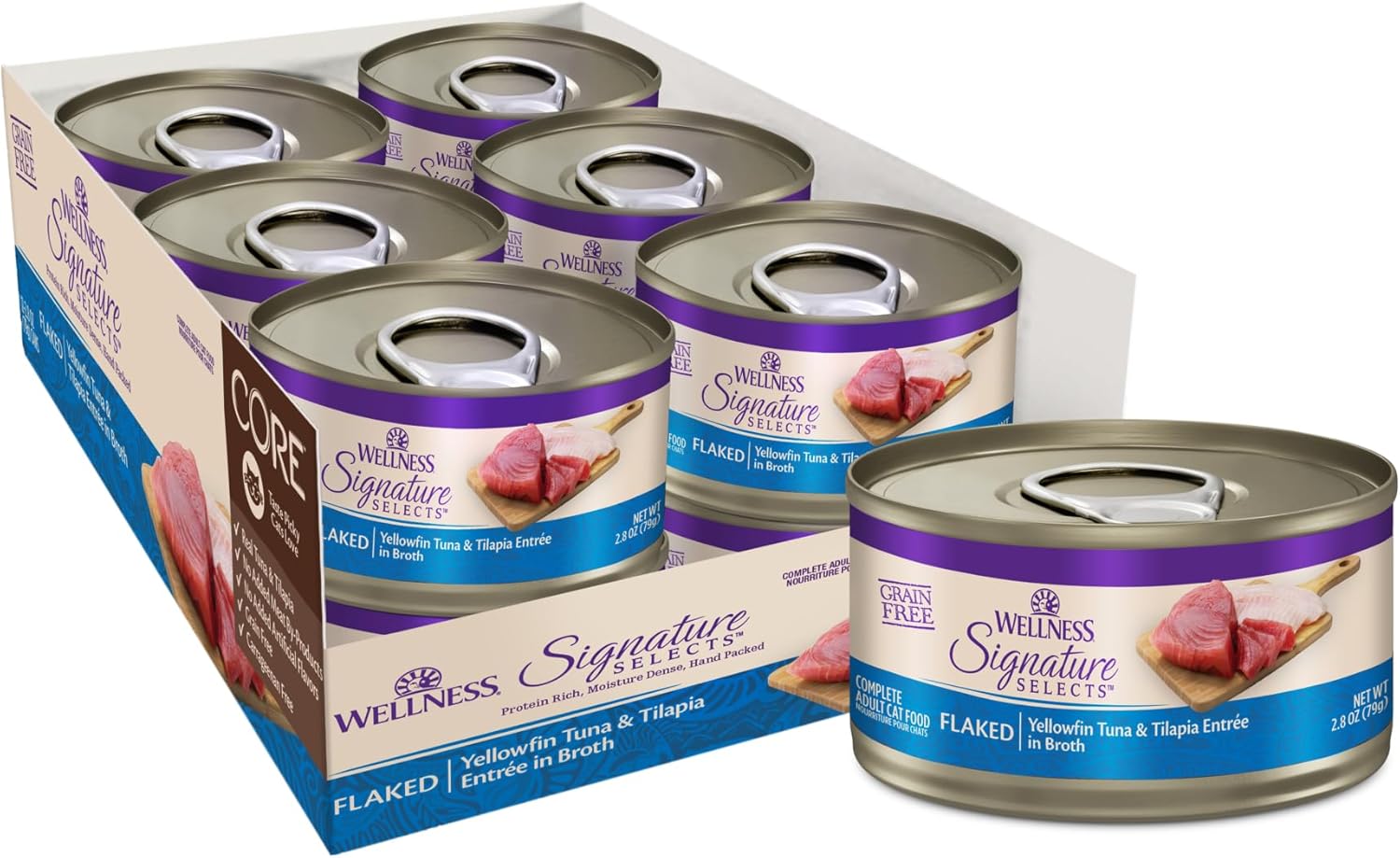 Wellness CORE Signature Selects Flaked Adult Canned Wet Cat Food, Natural, Protein Rich, Grain Free, Yellowfin Tuna and Tilapia Entrée Recipe, 2.8 oz, Pack of 12 Cans