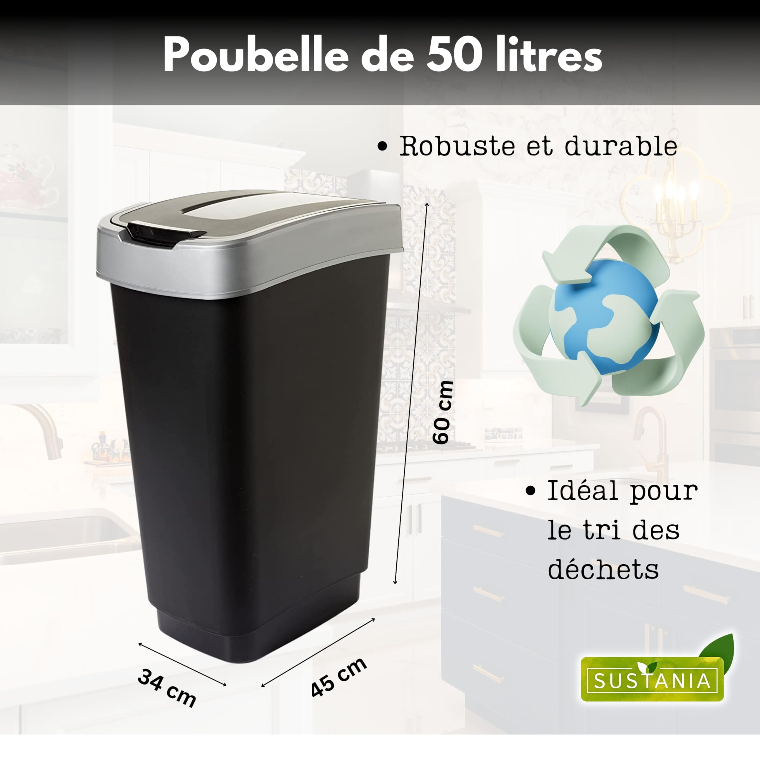 Poubelle Avec Couvercle Basculant, 50 L, Swantje, Gris Graphite