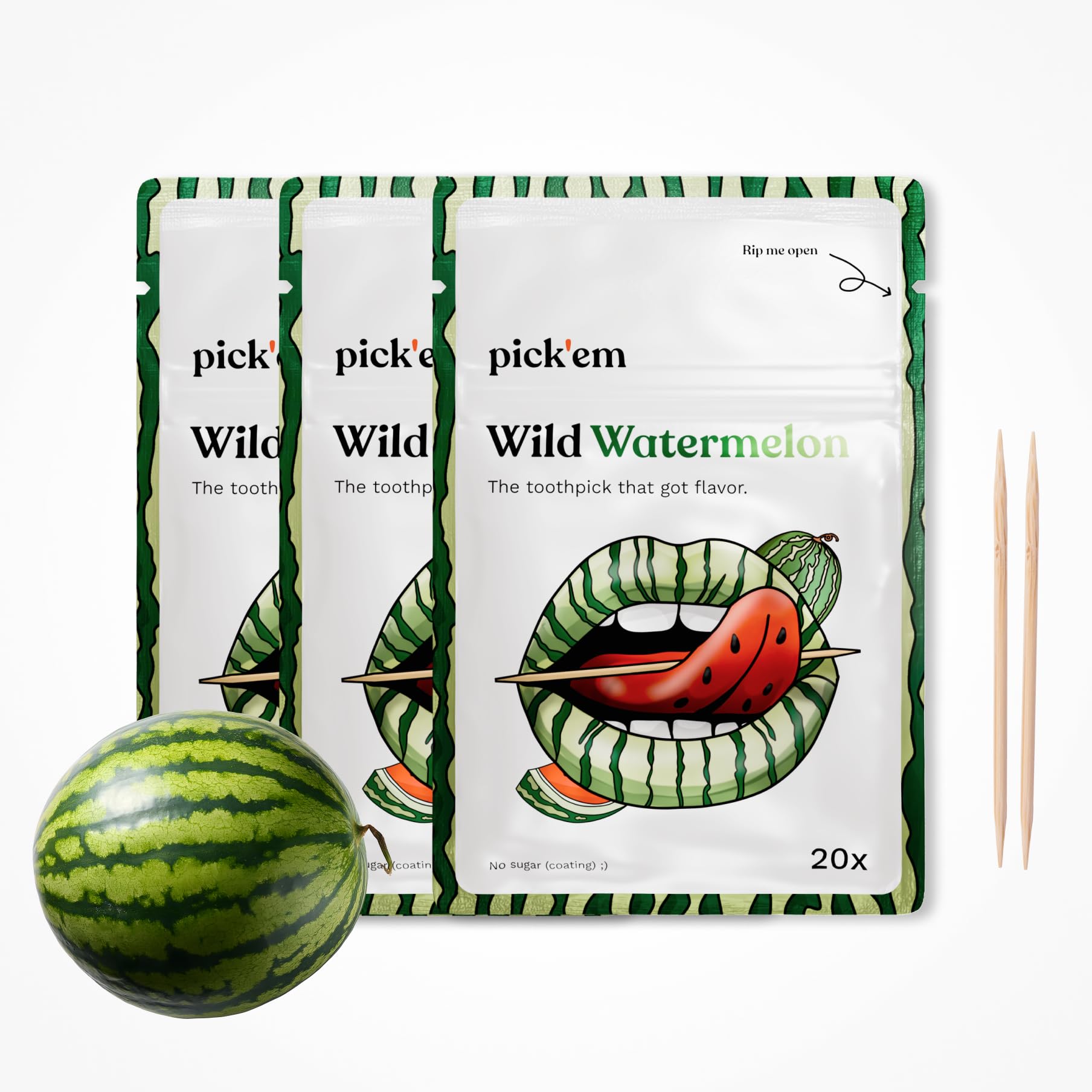 pick'em flavoured toothpicks Wild Watermelon [TRIPLE PACK] - 60x flavoured toothpicks - the lifestyle alternative to chewing gum (juicy exotic flavour) - toothpicks with flavour - toothpicks wooden