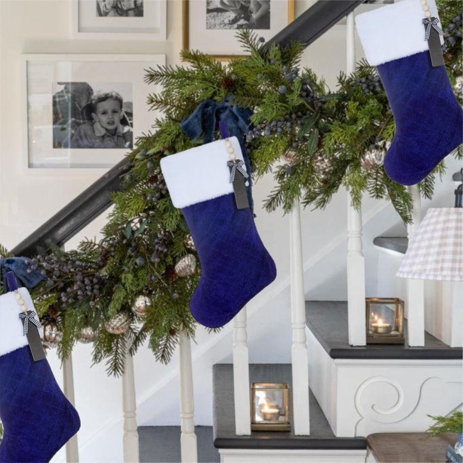 Blue Velvet Quilted Personalized Christmas Stocking,19.5 Inch Fireplace Hanging Stockings with Blank Wooden Tags DIY Name,Family Holiday Decorations and Xmas Gift- 6Pcs