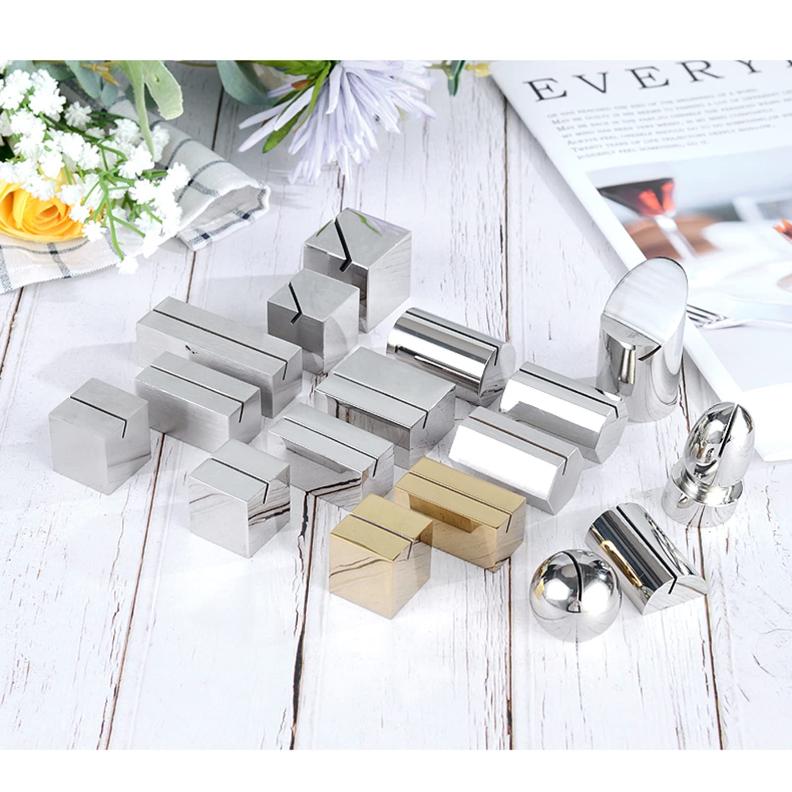 5 soportes para tarjetas de acero inoxidable, base sólida, clip para fotos, para mesa de boda, geometría, cuerpo, fiesta, decoración, forma de cubo plateado