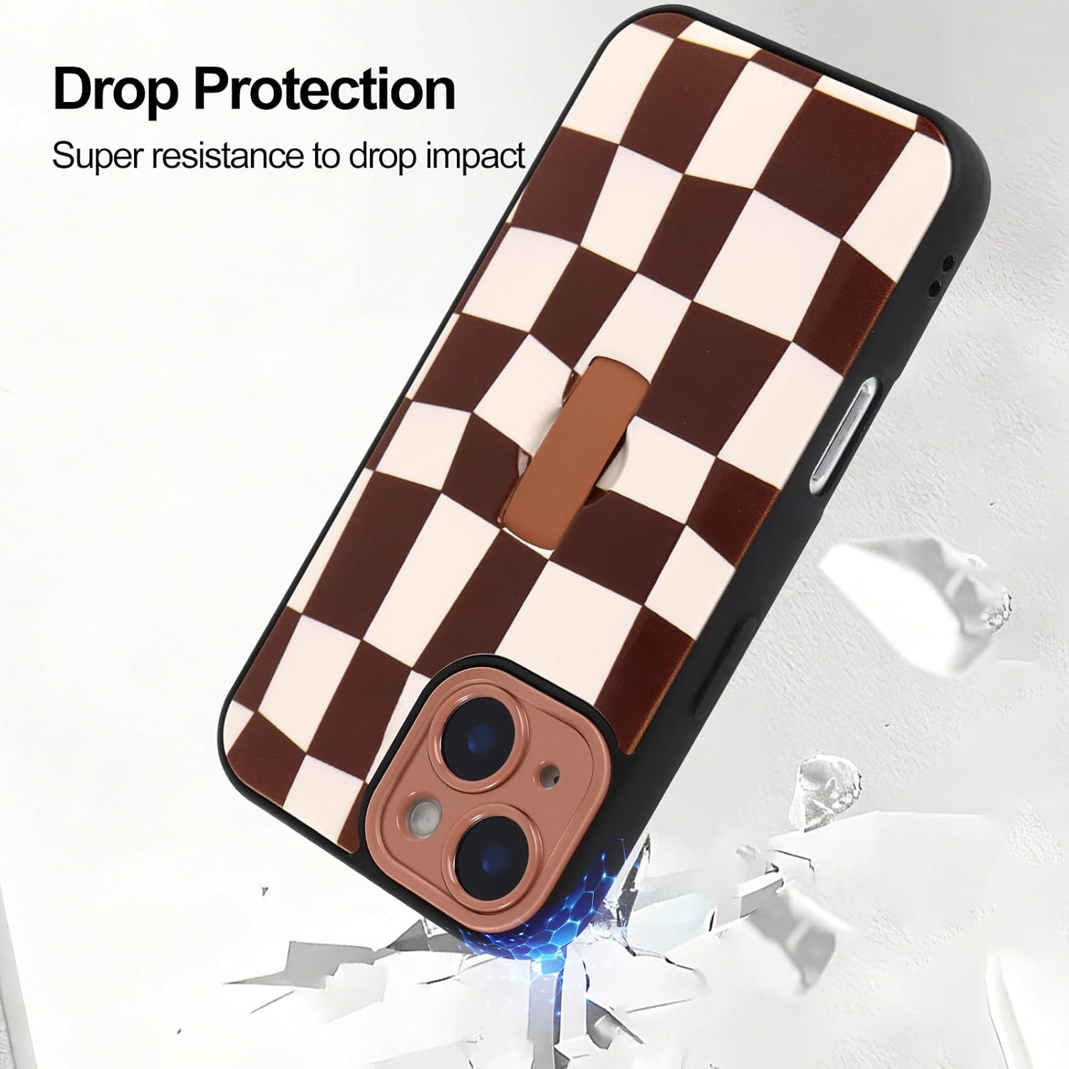 Compatible with iPhone 14 Case with Finger Strap, Aesthetic Checkerboard Checkered Phone Case with Adjustable Wristband Kickstand for Women Girls, Full Camera Protection Silicone Cover - Brown - Image 3