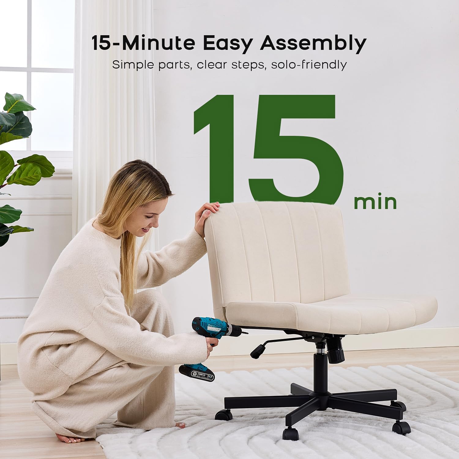 LukkDys Criss Cross Chair with Wheels, Wide Cross Legged Desk Chair, Comfy Fabric Vanity Chair for Home Office Bedroom, Adjustable Armless Swivel Task Chair with 90–115° Tilt, Beige