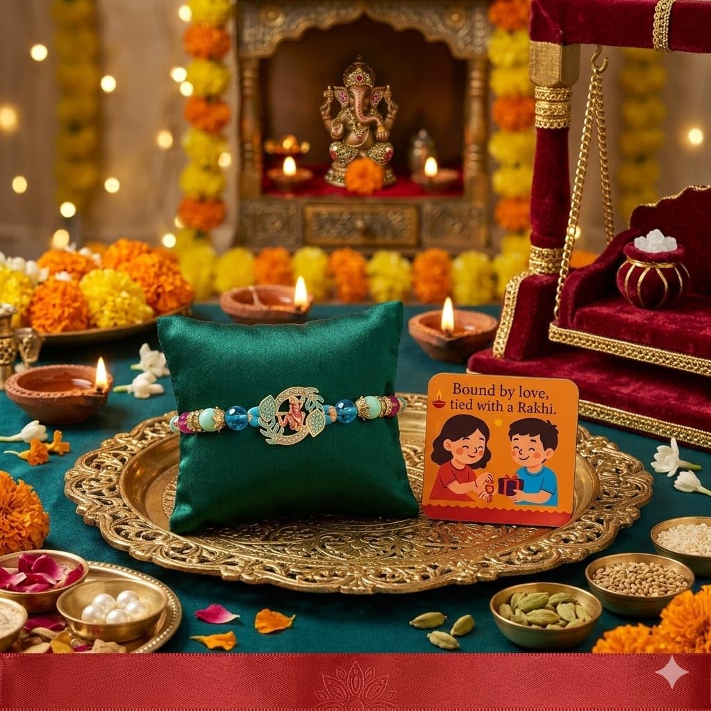 SAUDEEP INDIA Decorative Fridge Magnet for Refrigerator Decor | Rakhi for Brother | Raksha Bandhan Gift Combo Set | Cotton Thread Rakhi for Bhai Bhaiya | Festive Home Decor Item(Krishna Top 3)