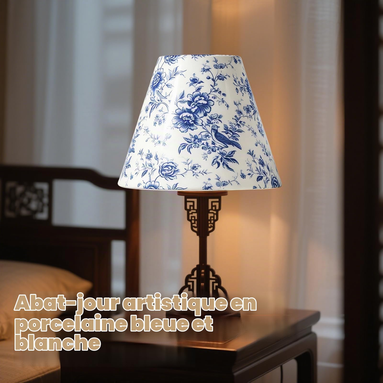 Lot de 8 abat-jours à clip, en tissu bleu et blanc, 15 x 13 x 7,5 cm, design floral, moderne, style simple, pour lampes à bougie, lustres, lampes de table, lampadaires, appliques murales, salons