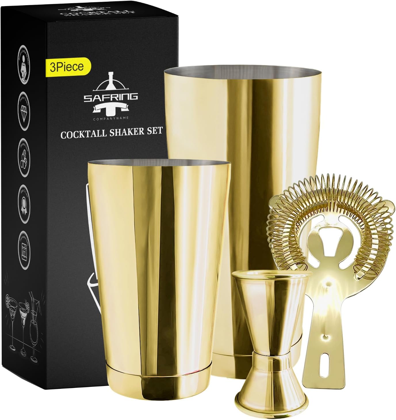 Safring Boston Cocktail Shaker Bar Set, Weighted Boston Shaker Tins, Bartender Kit with 18oz & 28oz Mixed Drink Shaker, Hawthorne Strainer, Double Measuring Jigger - Black