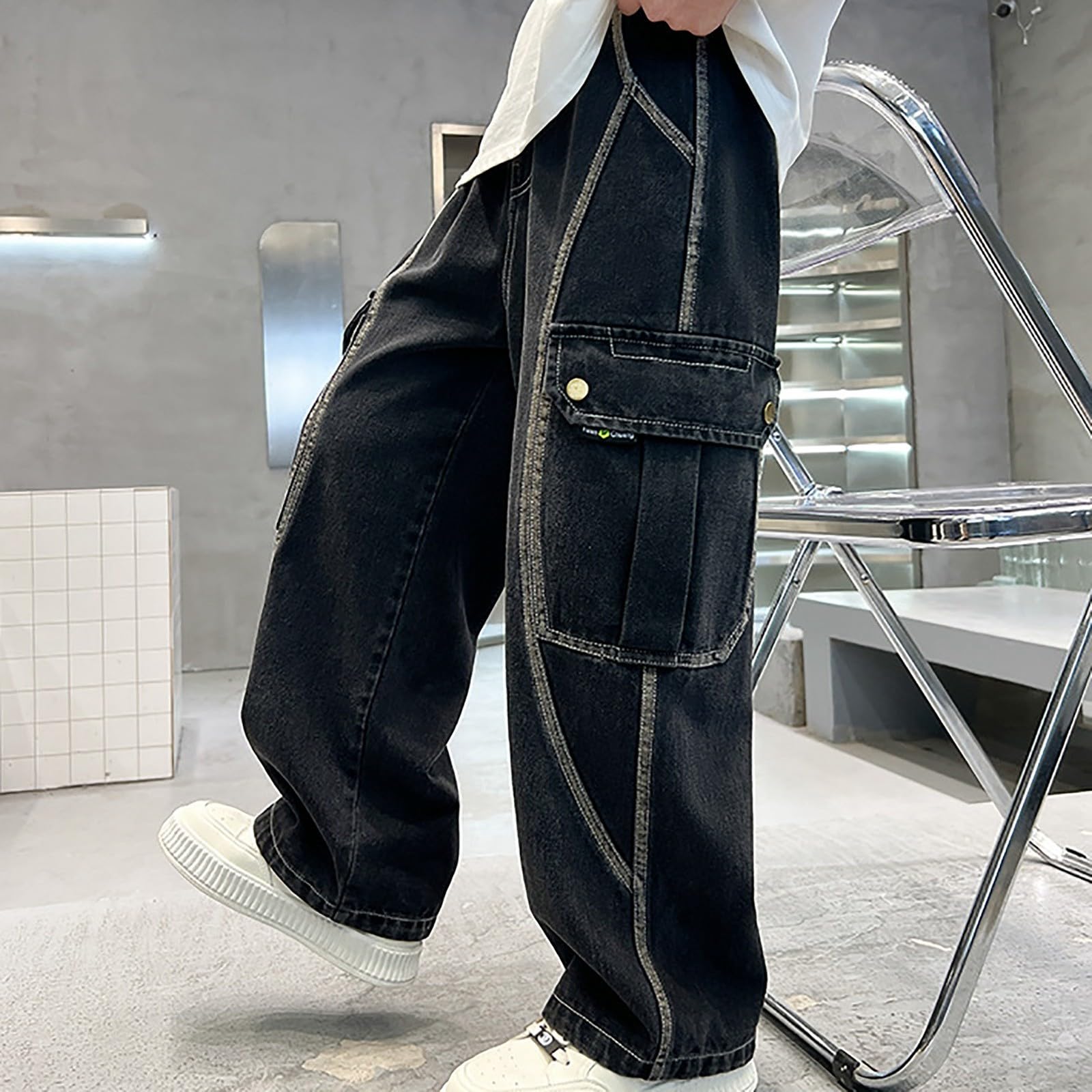 Genérico Vaqueros Niño 4-14 Años Baggy Pantalon Vaquero Adolescentes Chico Cintura Elastica Rectos Moda Y2K Streetwear Jeans Pantalones Vaqueros de Trabajo Denim Loose Primavera 2026