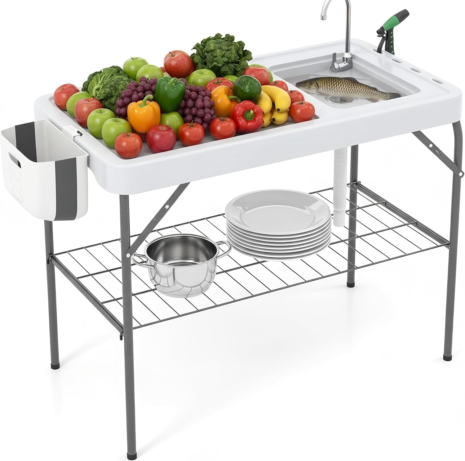 Garvee Folding Fish Cleaning Table with Sink, Portable Outdoor Fillet Station Camping Sink Table with Faucet, Drainage Hose & Sprayer, Grid Rack for Picnic Fishing Camping
