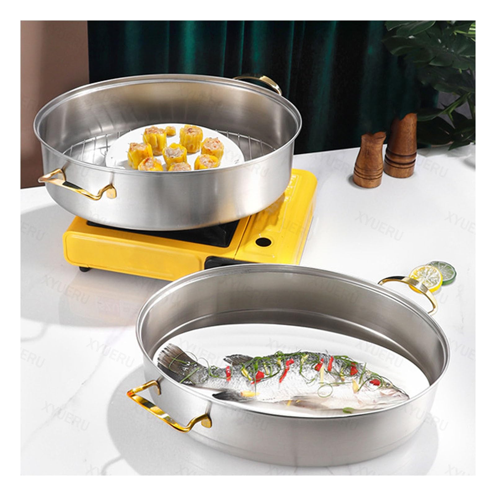 Pentola per pesce a vapore, in acciaio inox, a 2 livelli, design ovale per cuocere a vapore frutti di mare, include una teglia per gamberetti e granchi