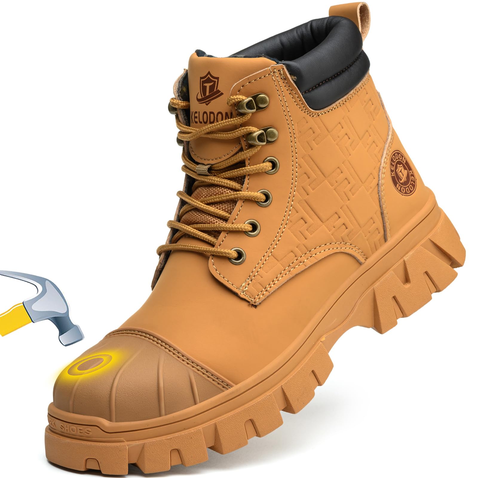KELODON Waterproof Steel Toe Boots For Men 6 Inch Leather Steel Toe Shoes Non Slip Resistant Safety Work Boots Indestructible Lightweight Construction