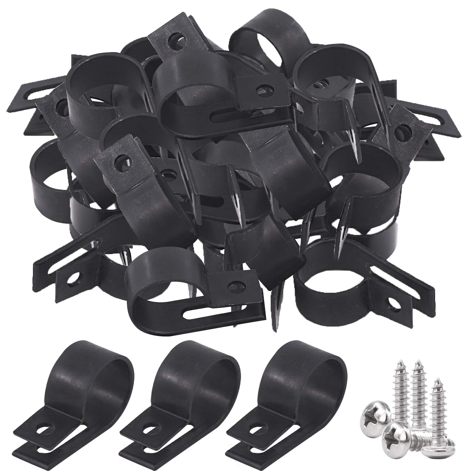 Glarks 60Pcs 3/4 Inch Black Nylon Screw Mounting R-Type Cable Clip Wire Clamp with 60Pcs Screws for Wire, Cable, Conduit and Cable Conduit Kit (Black)