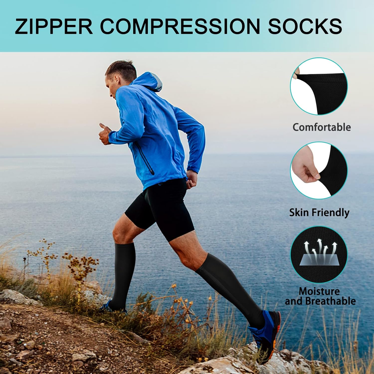 2 Pairs Zipper Compression Socks, 15-20 mmHg Closed Toe Compression Stocking with Zipper for Women and Men - Image 2
