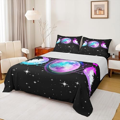 Erosebridal Juego de sábanas y fundas de almohada de luna y estrellas, juego de ropa de cama bohemio con diseño de rosas azules para niñas, juego de