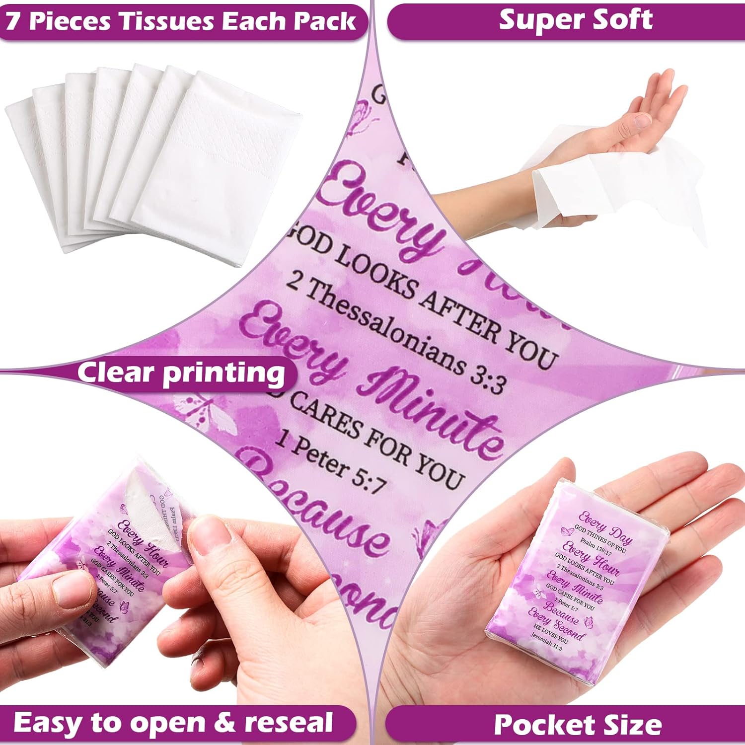 Yinder 60 Pack Christian Facial Tissues Pocket Size Facial with Bible Verse Wallet, Travel, Pocket, Travel Size 3 ply Individual Tissue Packs for Wedding Graduation Ceremony(Bible Verse) - Image 4