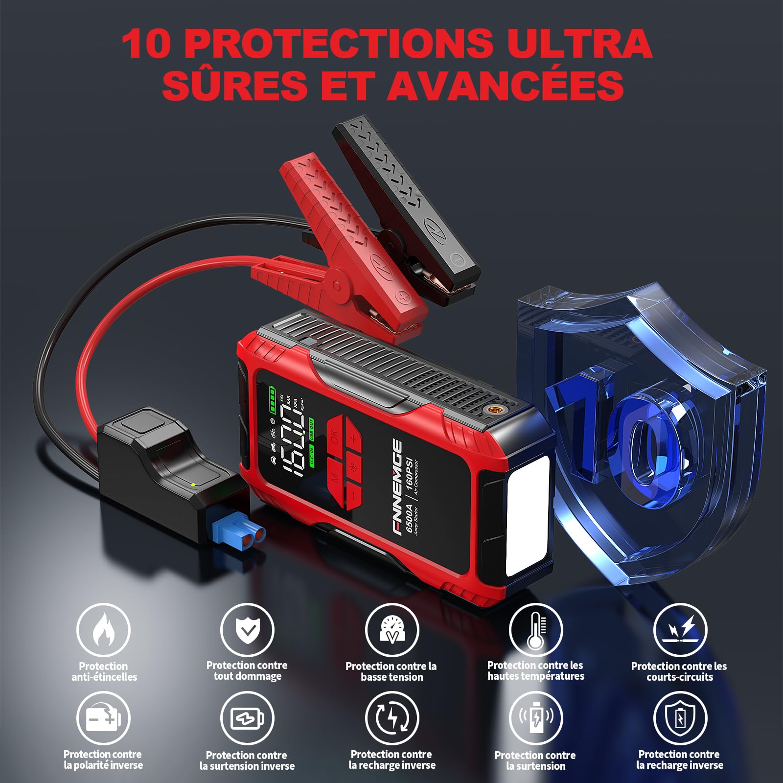 FNNEMGE Booster Batterie Voiture 6500A 26800mAh avec 160PSI Compresseur D’Air, Jump Starter (jusqu'à Tout Le Essence, Moteur Gazole 10,0L), avec Port de Charge USB, Deux lumière LED,HD Écran Large.