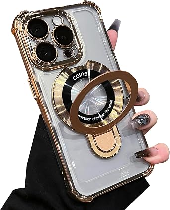 Magnetic Invisible Kickstand Holder for iPhone 15 Pro Max Case Compatible with Magsafe, with Camera Lens Protector, Millitary Shockproof Clear Cover for iPhone 15Pro Max Gold