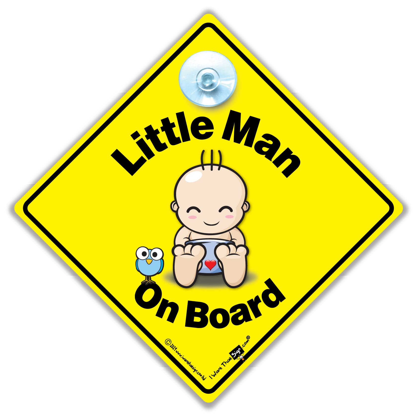 Iwantthatsign.com Little Man On Board Car Sign, Baby On Board Sign, Grandchild On Board, High Visibility Advisory Suction Cup Car Window Sign Designed To Let Other Road Users A Child Is In The Car, 14 Cm X 14Cm X 2Cm