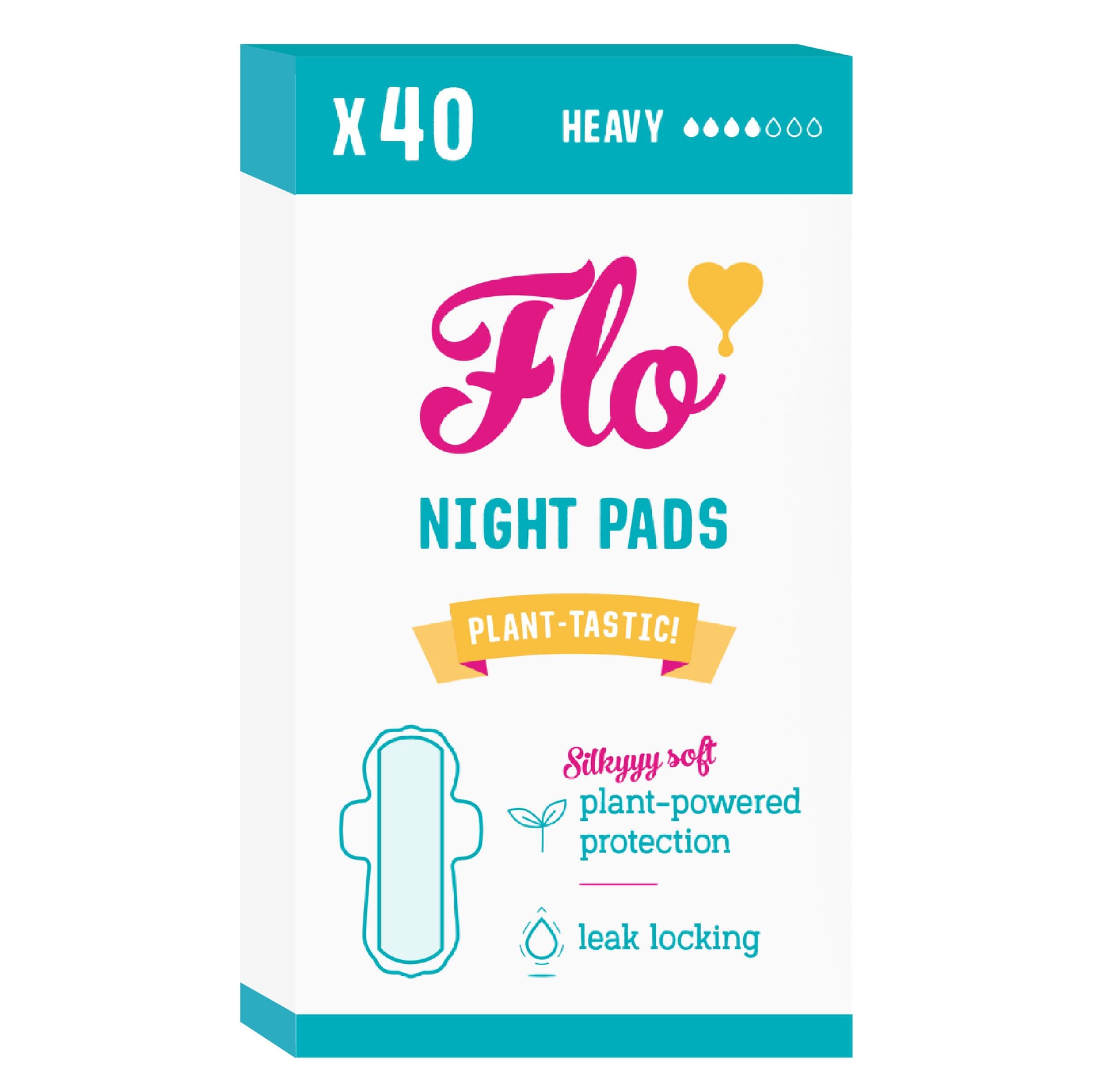 Flo Bamboo Night Period Pads – Super Absorbent, Soft, Thin - Winged Breathable Pads for Regular Flow – 40 Pads Bulk Pack