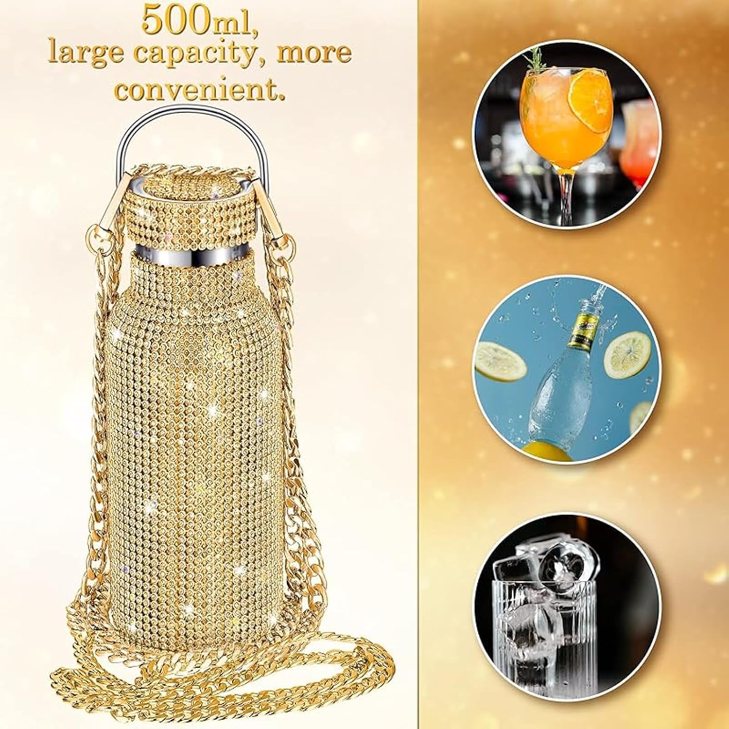 Diamond Water Bottle Bling Rhinestone Stainless Steel Thermal Bottle Refillable Insulated Glitter Water Jug with Chain for Women Girls Gifts (Gold, 500ml)