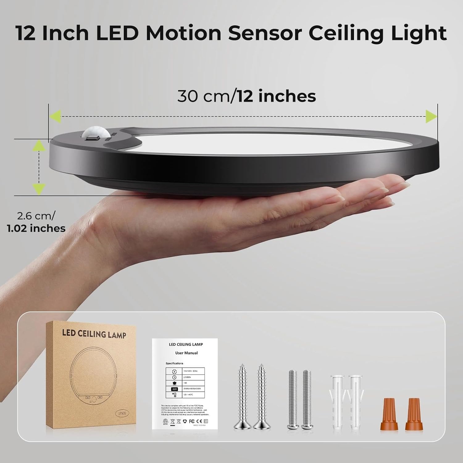 hepside Motion Sensor Ceiling Light Wired, 3000K/4000K/6500K LED Flush Mount Ceiling Light Fixture, 12Inch 24W Motion Sensor Light with Timer for Closet Stair Porch Hallway Pantry,Black