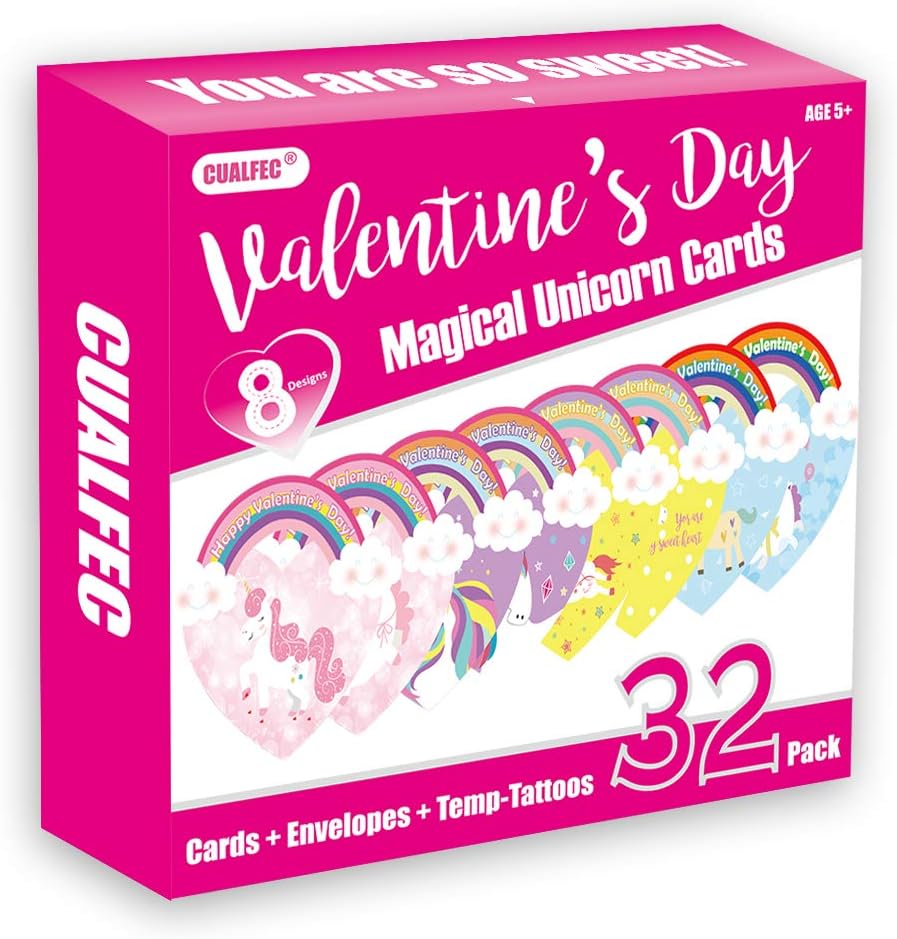 Unicorn Valentine's Day Cards with Temporary Tattoos and Envelopes Bulk Valentine's Day Cards for Classroom 8 Designs - 32 Pack